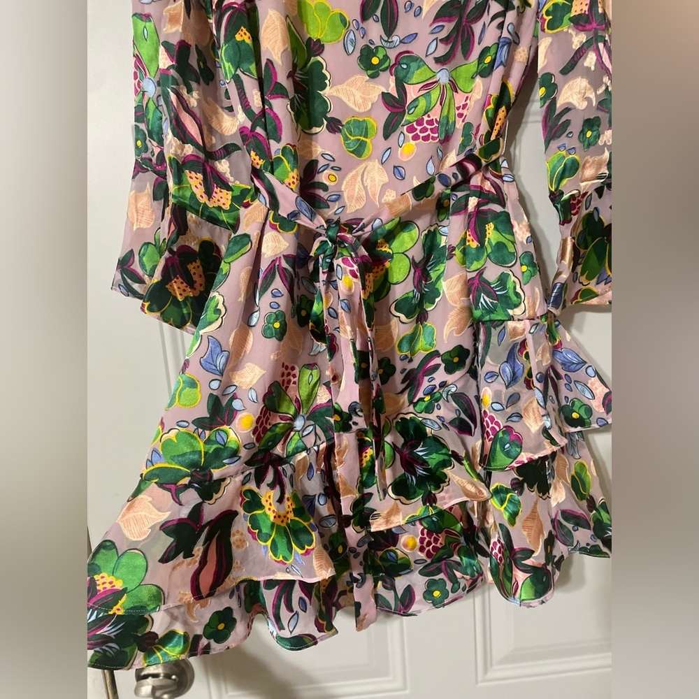 SALONI Silk Floral Ruffle Mini Dress Multicolor Light Pink Lined Slip Size 8 - Picture 6 of 13